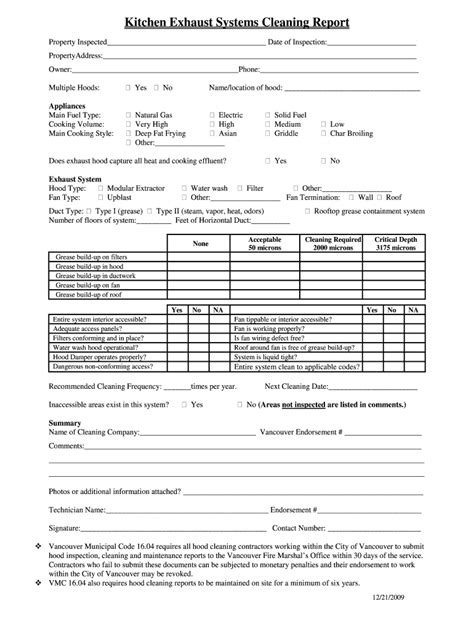 hood cleaning report template